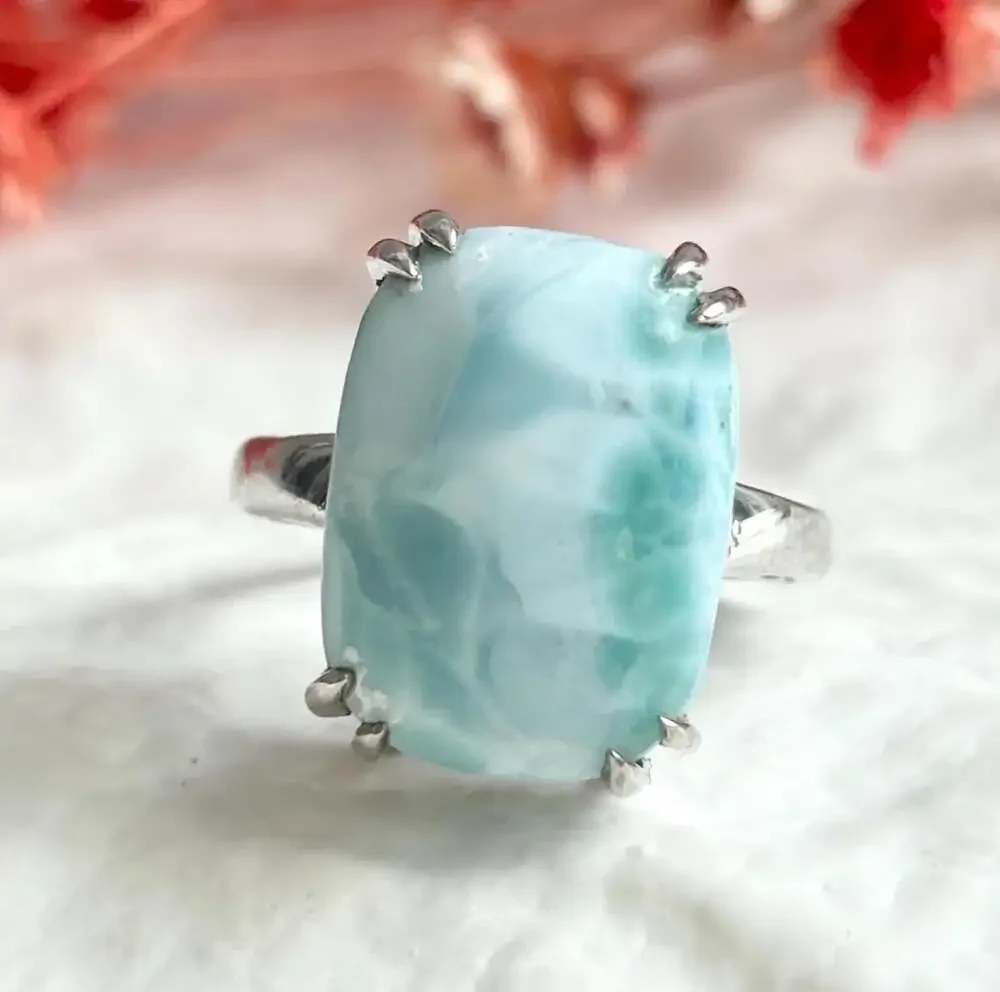 Larimar Solitaire Cabochon Gemstone Sterling Silver Claw Prong Set 925 Vintage R